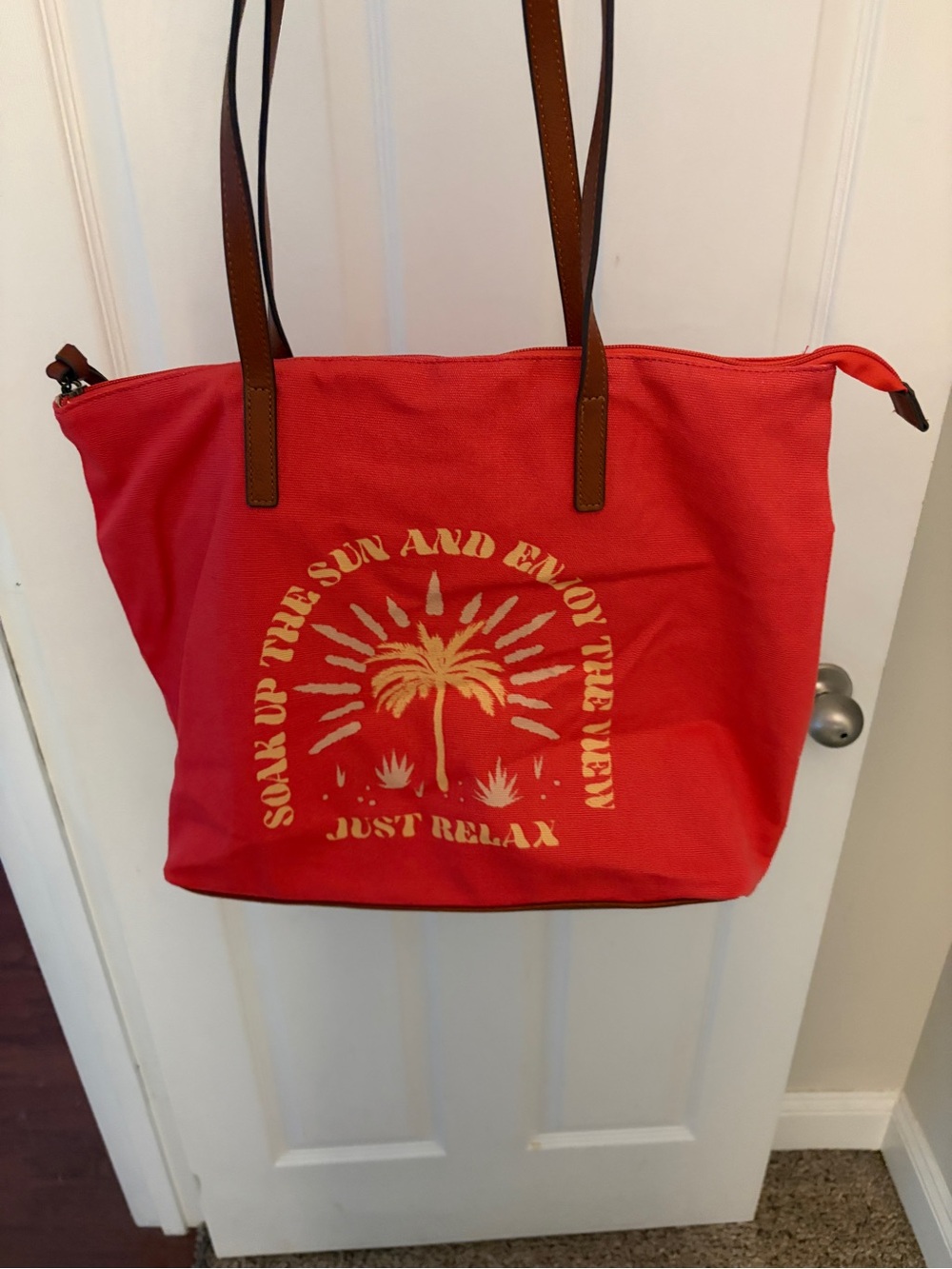 Sonoma Red Canvas Tote with Yellow Palm Graphic and Brown Straps